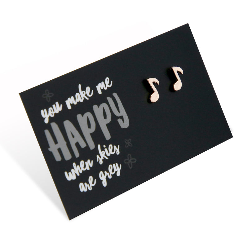 Music note shaped earring studs in rose gold, on you make me happy when skies are grey card.