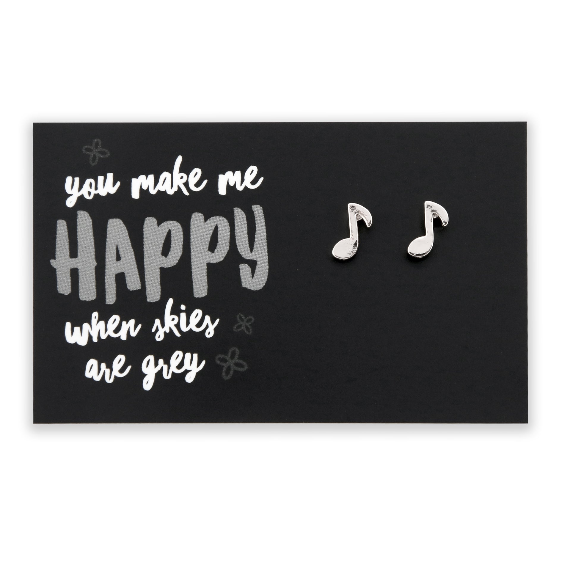 Music note shaped earring studs in silver, on you make me happy when skies are grey card.