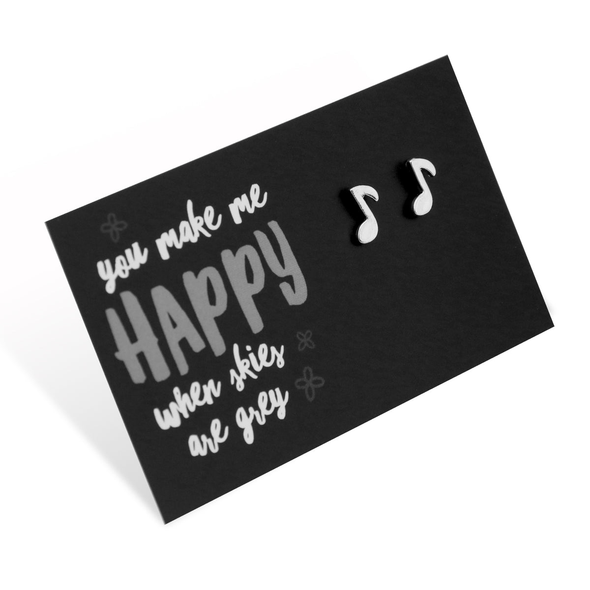 Music note shaped earring studs in silver, on you make me happy when skies are grey card.