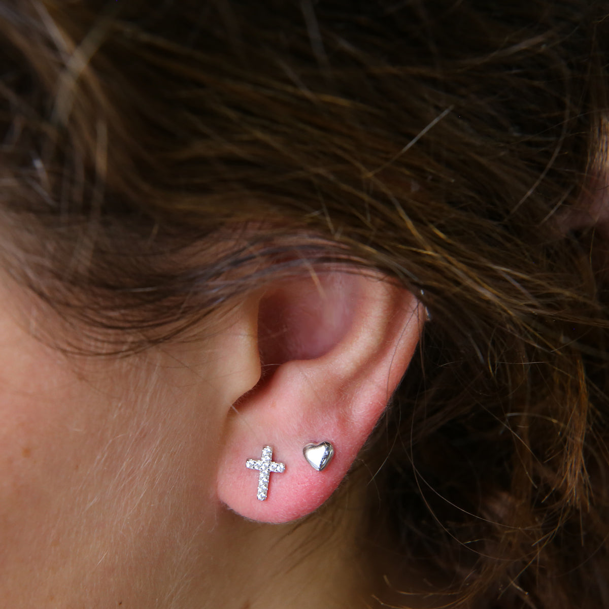 Cross & Heart - Sterling Silver Studs - Love Just For You (11663)