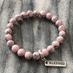 Stone Bracelet - Soft Pink Marbled 8mm Beads - with Silver Word Charm