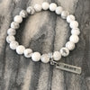 8mm White Marble Stone Bracelet with word charm and silver clip. Featured words are Soul Sister, Family, Grateful, Strength, Hope, Grace, Friendship, Loved, Courage, Brave, Embrace, Enough and many more.