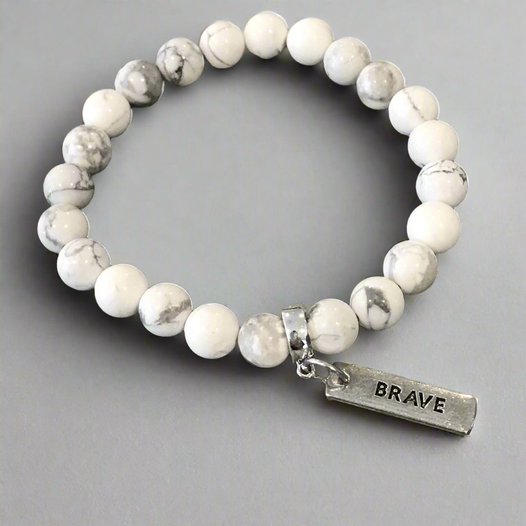 8mm White Marble Stone Bracelet with word charm and silver clip. Featured words are Soul Sister, Family, Grateful, Strength, Hope, Grace, Friendship, Loved, Courage, Brave, Embrace, Enough and many more. 