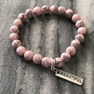 Stone Bracelet - Soft Pink Marbled Stone 8mm - with Word Charm