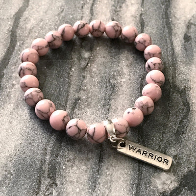 Stone Bracelet - Soft Pink Marbled Stone 8mm - with Word Charm