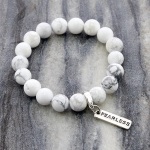 Stone Bracelet - White Marble large 10mm bead - with Word Charm