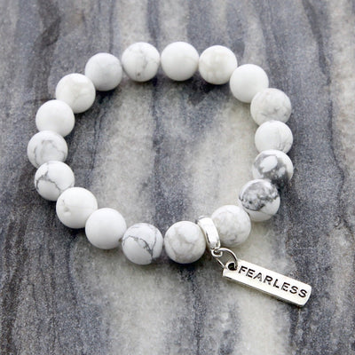 Stone Bracelet - White Marble large 10mm bead - with Word Charm