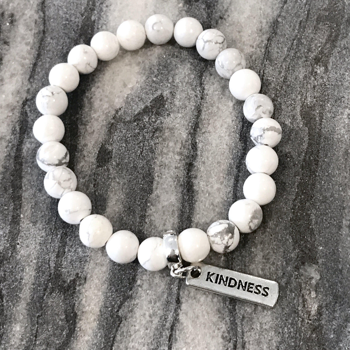8mm White Marble Stone Bracelet with word charm and silver clip. Featured words are Soul Sister, Family, Grateful, Strength, Hope, Grace, Friendship, Loved, Courage, Brave, Embrace, Enough and many more. 