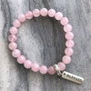 Rose Quartz 8mm stone bracelet with silver blessed word charm and clip.