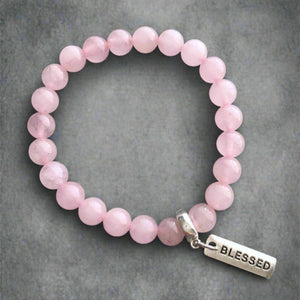 Rose Quartz 8mm stone bracelet with silver blessed word charm and clip. 